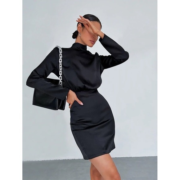 Commense Black Mini Dress Long Sleeve Mock Neck Tie Back Cocktail Bodycon M - Picture 3 of 17